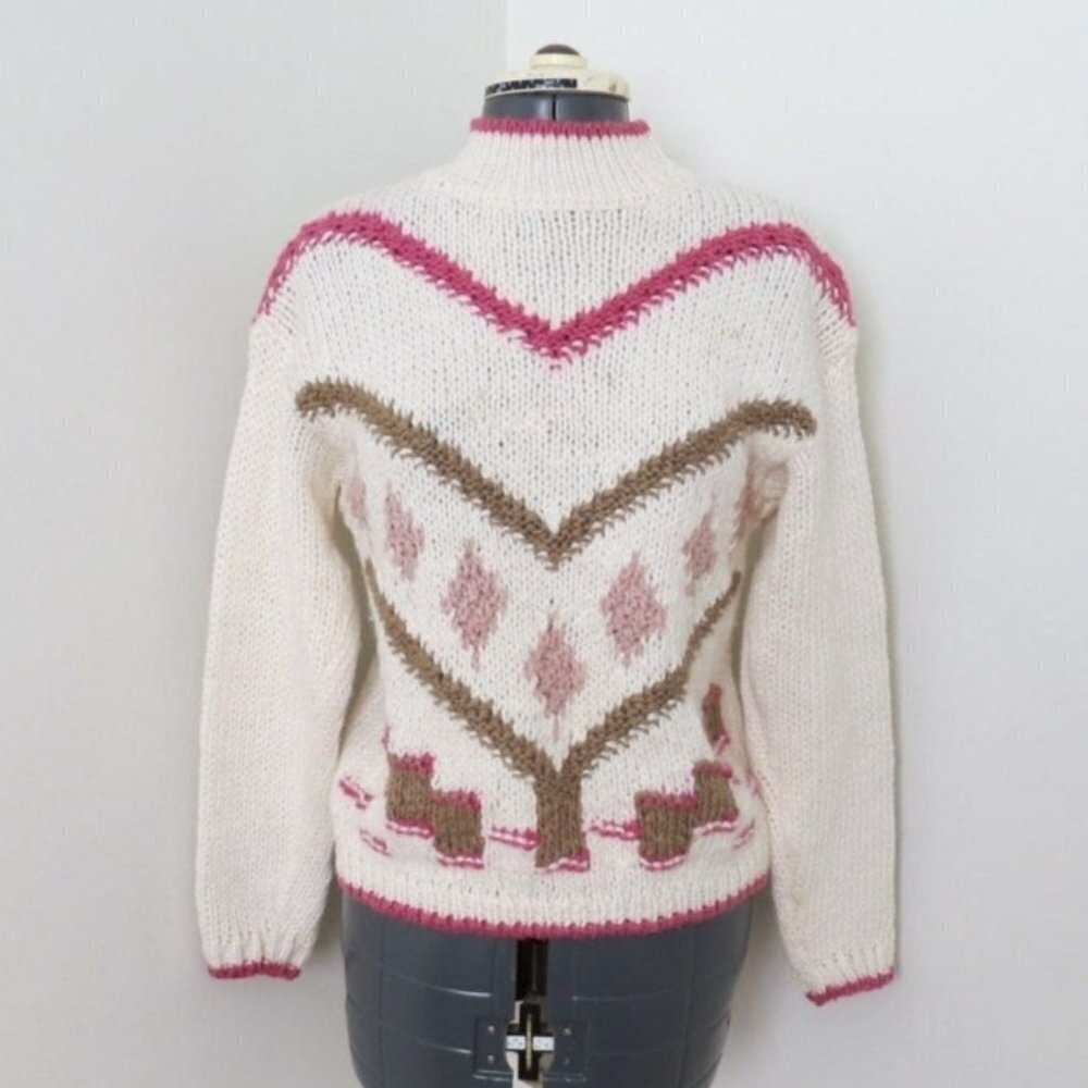 Vintage 1990s Cream Pink & Brown Heart Chunky Sweater Womens Bust 33